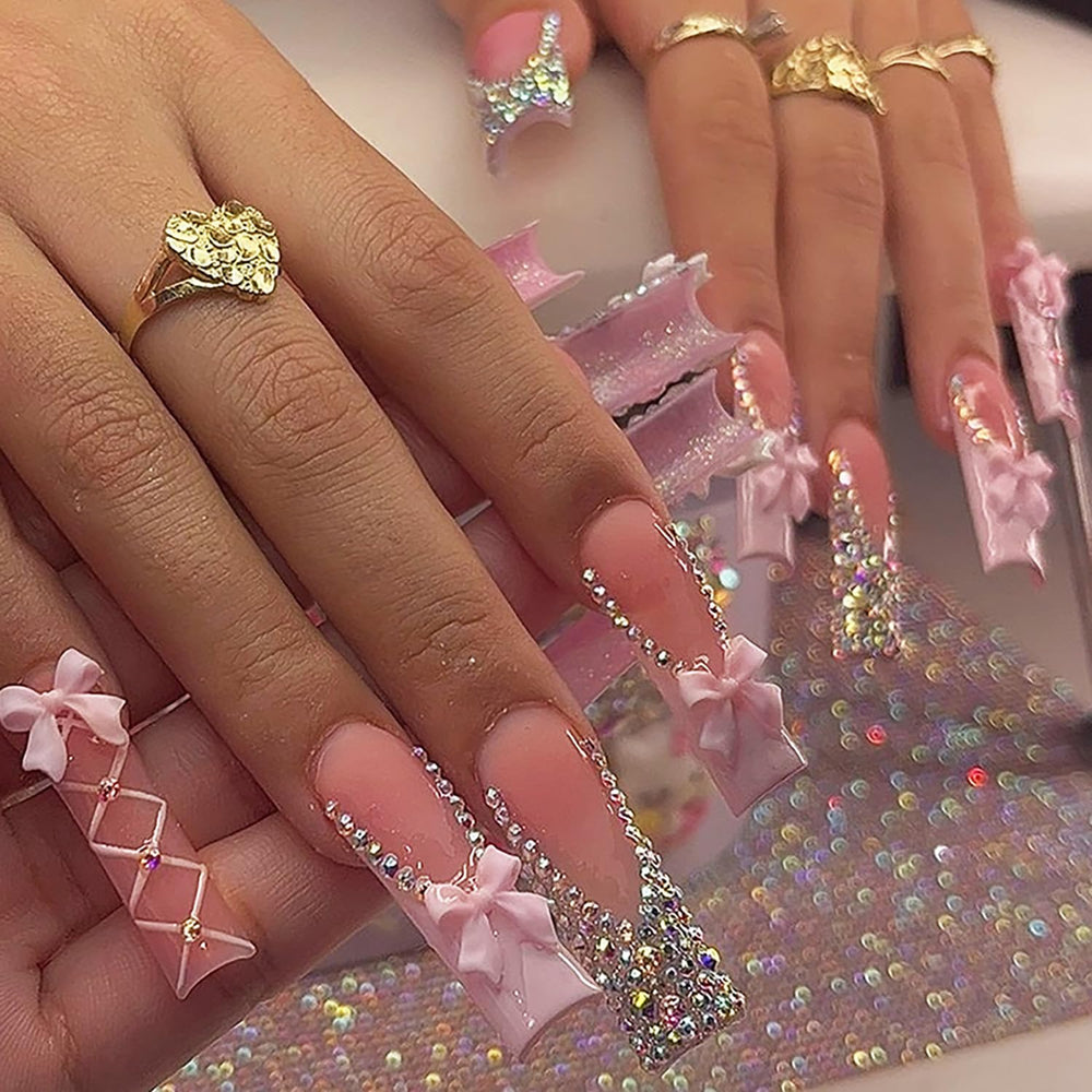 Uñas postizas FIEONCIY largas en forma ataúd con brillo para eventos.