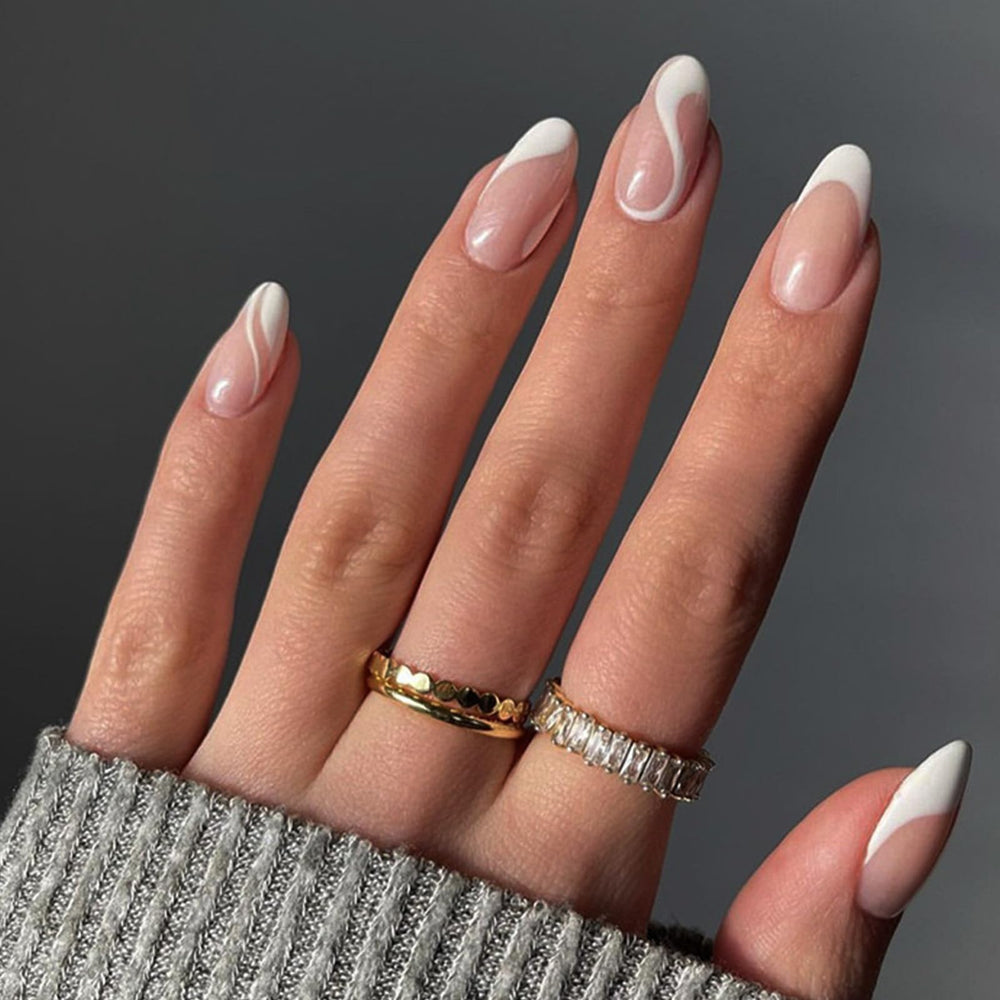 Uñas postizas FJSMTOPl Almendra francesa blanca con remolino para manicura rápida