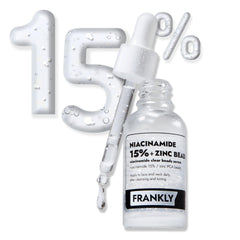 FRANKLY Niacinamida 15% + Zinc Serum frente a la botella, acabado mate suave.