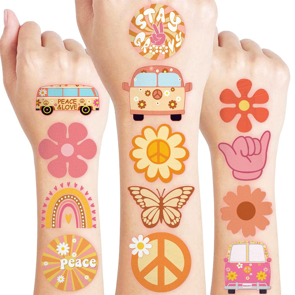 Tatuajes temporales groovy 60s 70s – paquete de 60 piezas para fiestas y premios escolares.