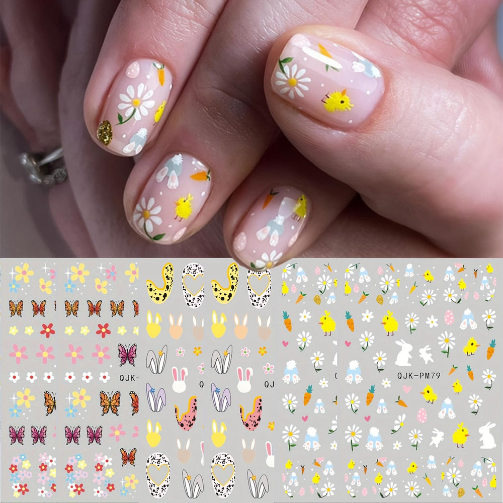 Pegatinas FUKIDOG para uñas con conejito-flor 3D para un estilo festivo.