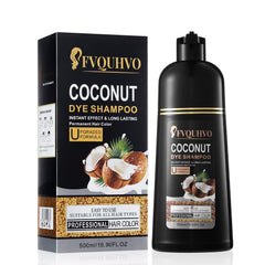Champú tintante FVQUHVO en botella para cubrir canas con color negro.