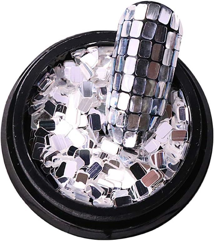 GANPUB lentejuelas cuadradas plata para uñas, brillo reflectante y decoración duradera.