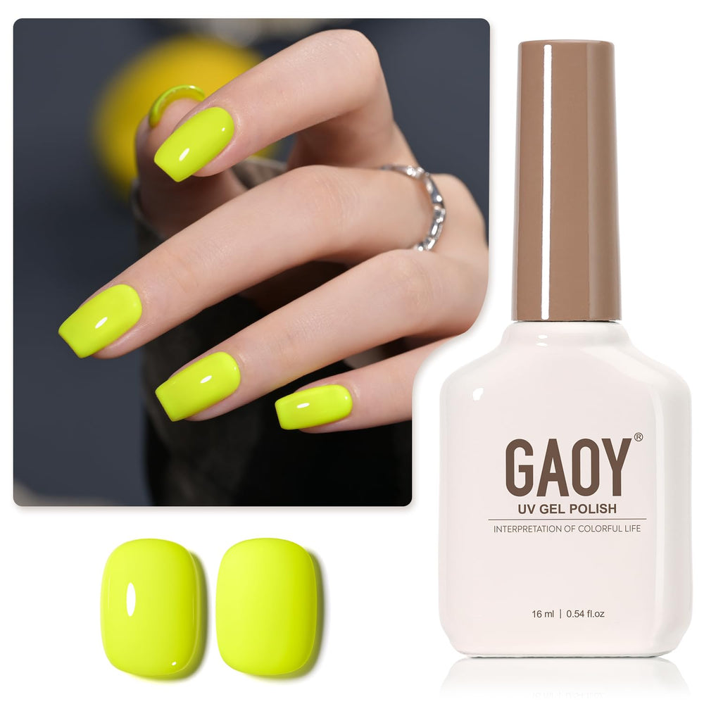 GAOY esmalte gel neón amarillo en botella frontal para manicura en casa.