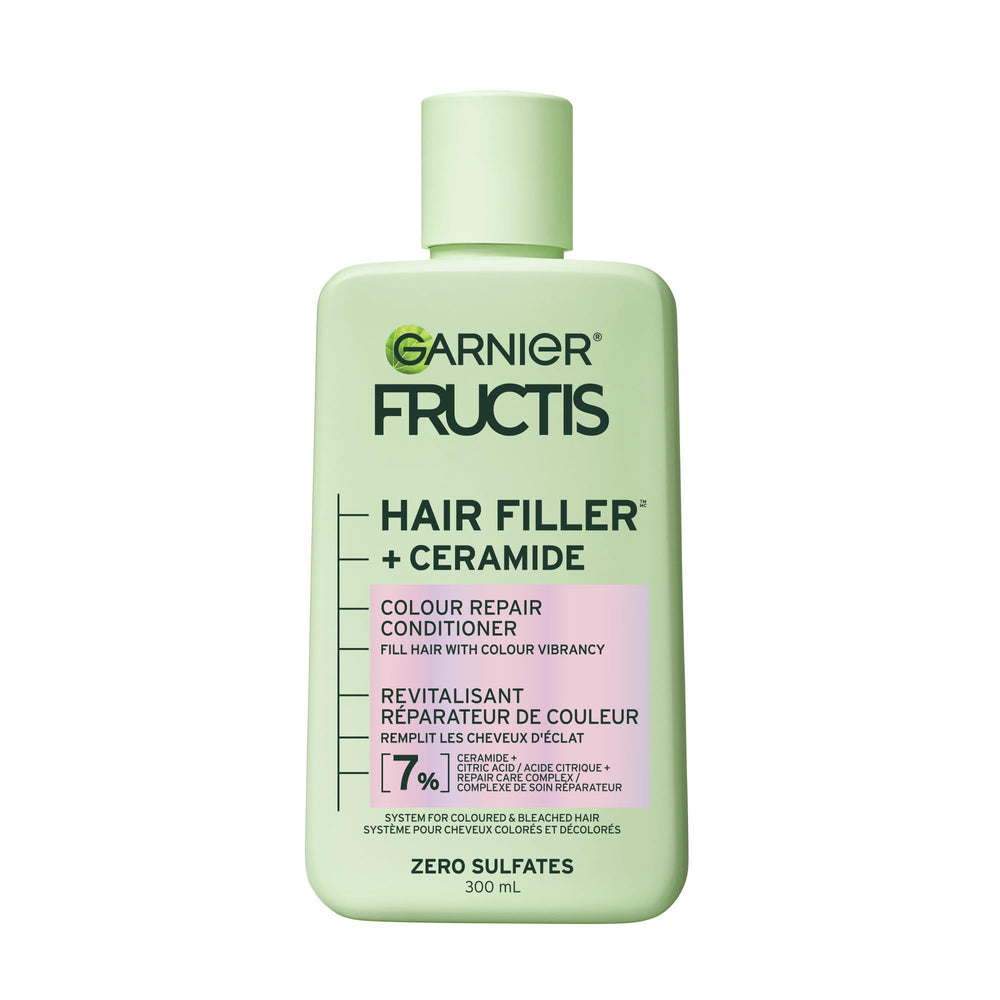 Garnier Fructis Hair Filler con Ceramida, botella frente, color vibrante para cabello teñido.