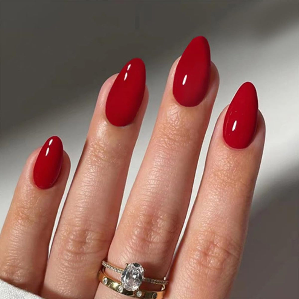 Uñas geyakal press-on rojas en forma almendra, manicura rápida para eventos