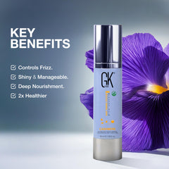 GK HAIR efecto anti-frizz en cabello sedoso tras uso diario.