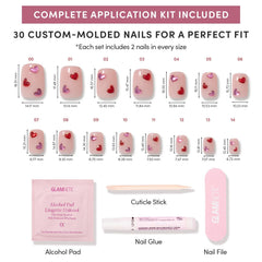Glamnetic Dear Lover kit 30 uñas, 15 tallas para un ajuste personalizado en cada mano.