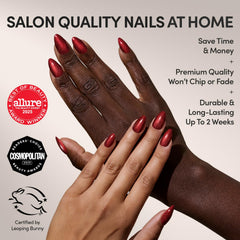 Glamnetic uñas almendra corta Rojo Rubí con brillo para uso diario.