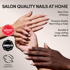 Glamnetic Pearl Glaze: aplicación en forma coffin mediana, punta blanca limpia y elegante.