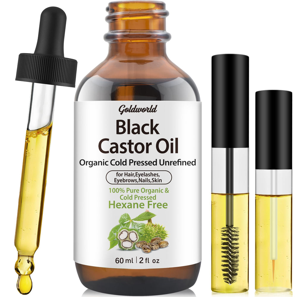 GoldWorld aceite de ricino negro orgánico en frasco de vidrio para cuidado facial y pestañas.