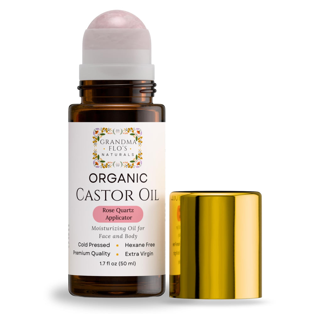 Granma Flo's Naturals aceite de ricino orgánico con rodillo rosa para hidratar la piel