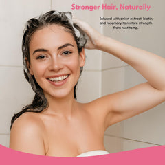 GROEI shampoo cebolla biotina, textura ligera al aplicar, enjuague fácil.