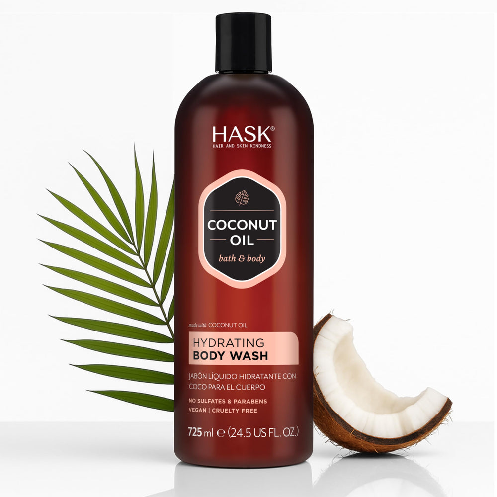 Jabón corporal HASK con aceite de coco: botella visible y alta hidratación para piel seca