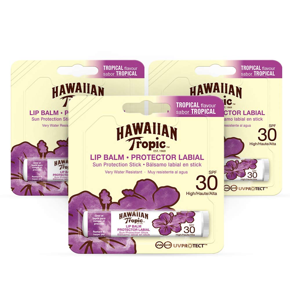 Bálsamo labial Hawaiian Tropic pack 3 SPF 30 sabor tropical para hidratación diaria.