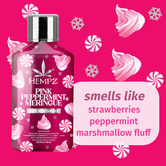 Hempz Pink Peppermint Meringue presenta notas de fresa, menta y malvavisco para una experiencia sensorial.