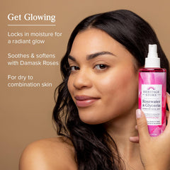 HERITAGE STORE Rosewater & Glycerin mist application delivering quick moisture boost.