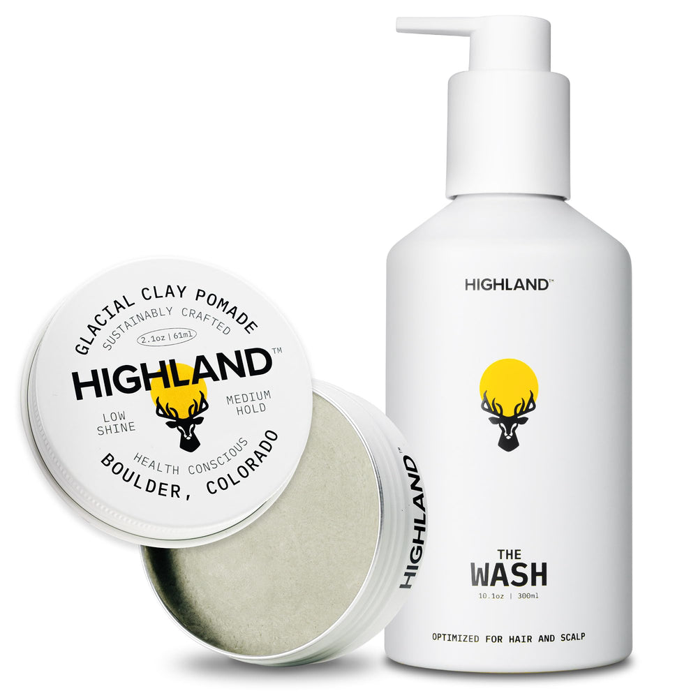 Highland Pomada Arcilla Glacial muestra textura natural y fijación flexible para peinado duradero.