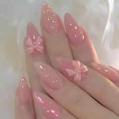 Uñas postizas Hkanlre rosas con lazo medio, estilo elegante para cualquier ocasión.