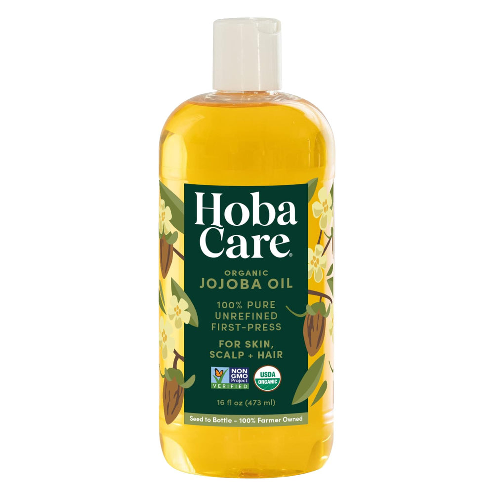 HobaCare Aceite de Jojoba Orgánico en botella, hidratación suave para piel y cabello.