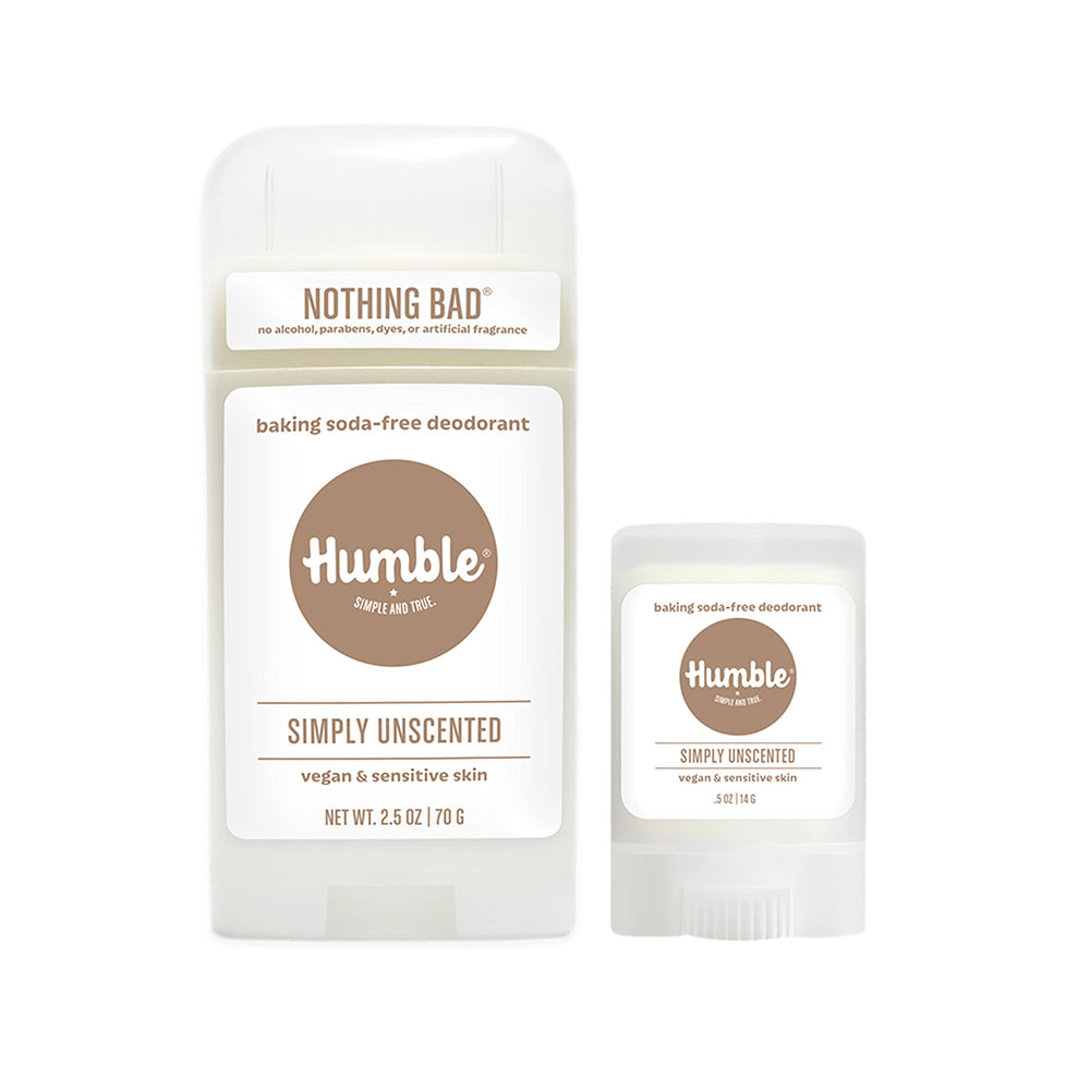 Desodorante Humble Brands sin aluminio, envase frontal, para uso diario sin irritación.
