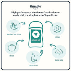 Desodorante Humble Fórmula Original, ingredientes base mostrados en etiqueta para cuidado natural.
