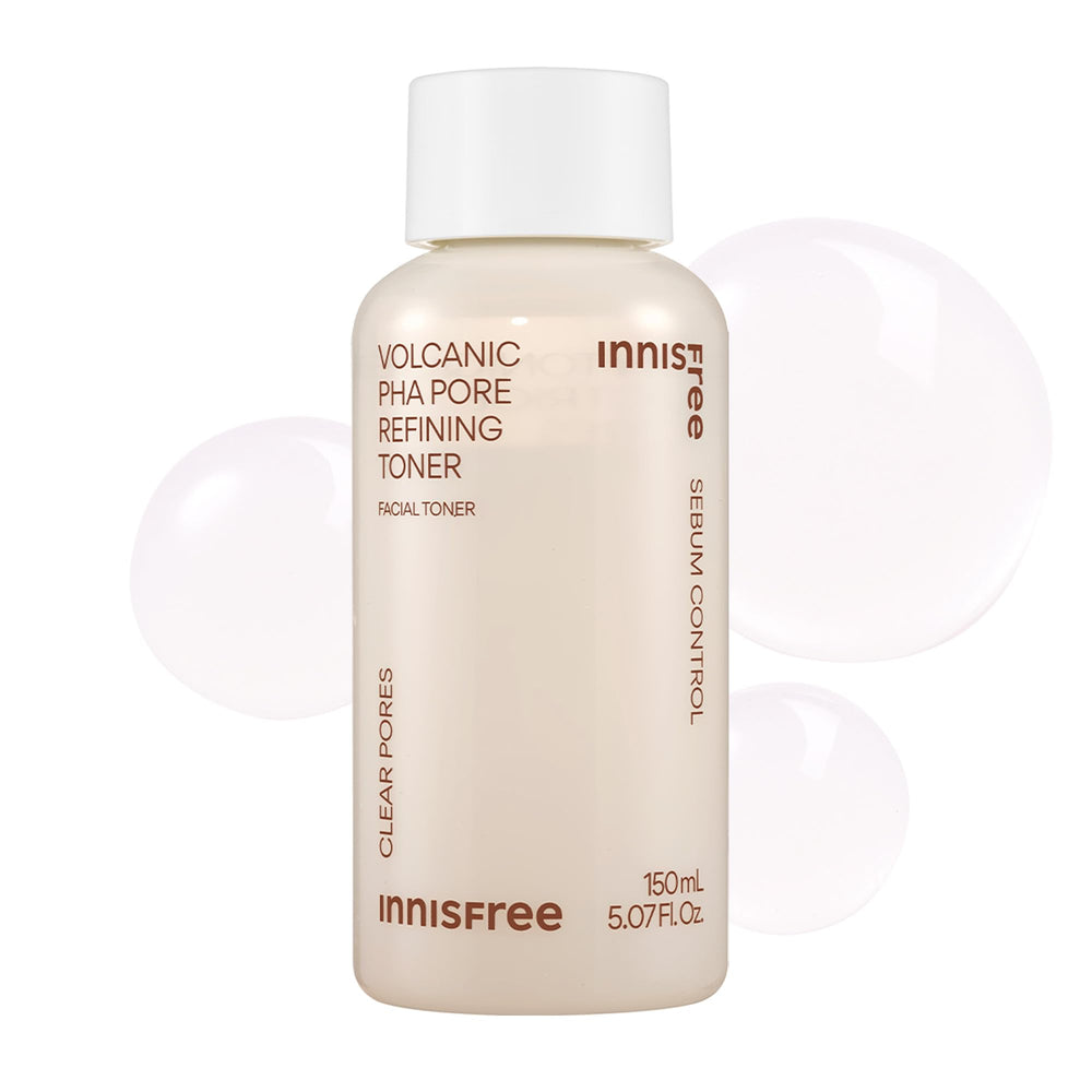 Innisfree Volcanic PHA Toner: botella con mezcla bifásica para piel suave y mate.