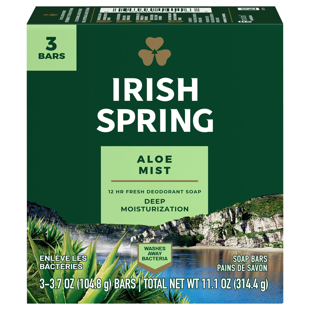 Jabón Irish Spring Aloe en empaque, ideal para la ducha diaria.