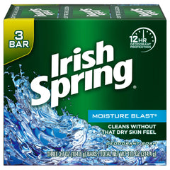 Irish Spring Moisture Blast, empaque de tres barras para uso diario.