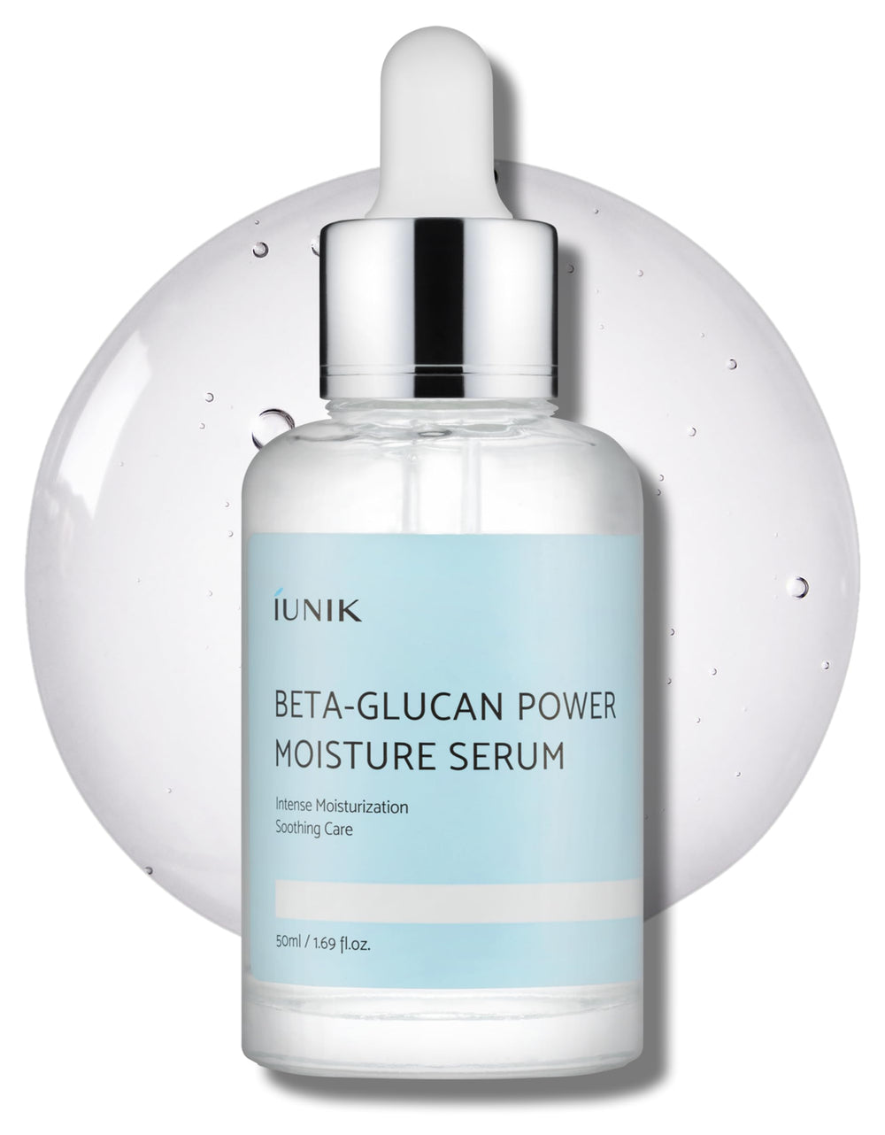 IUNIK Beta-Glucan Power Deep Moisture Serum: botella elegante para hidratación profunda.