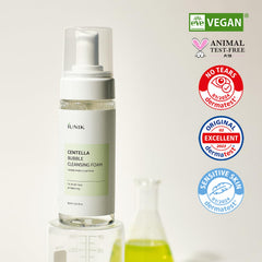 IUNIK Centella Bubble: etiqueta vegana y orgánica que destaca ingredientes naturales.