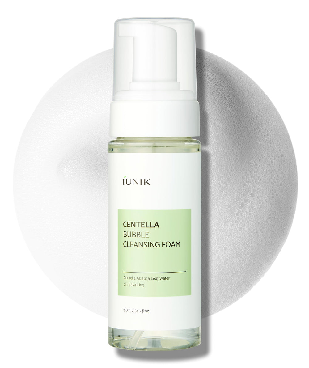IUNIK Centella Bubble: botella frontal para uso diario de limpieza suave.