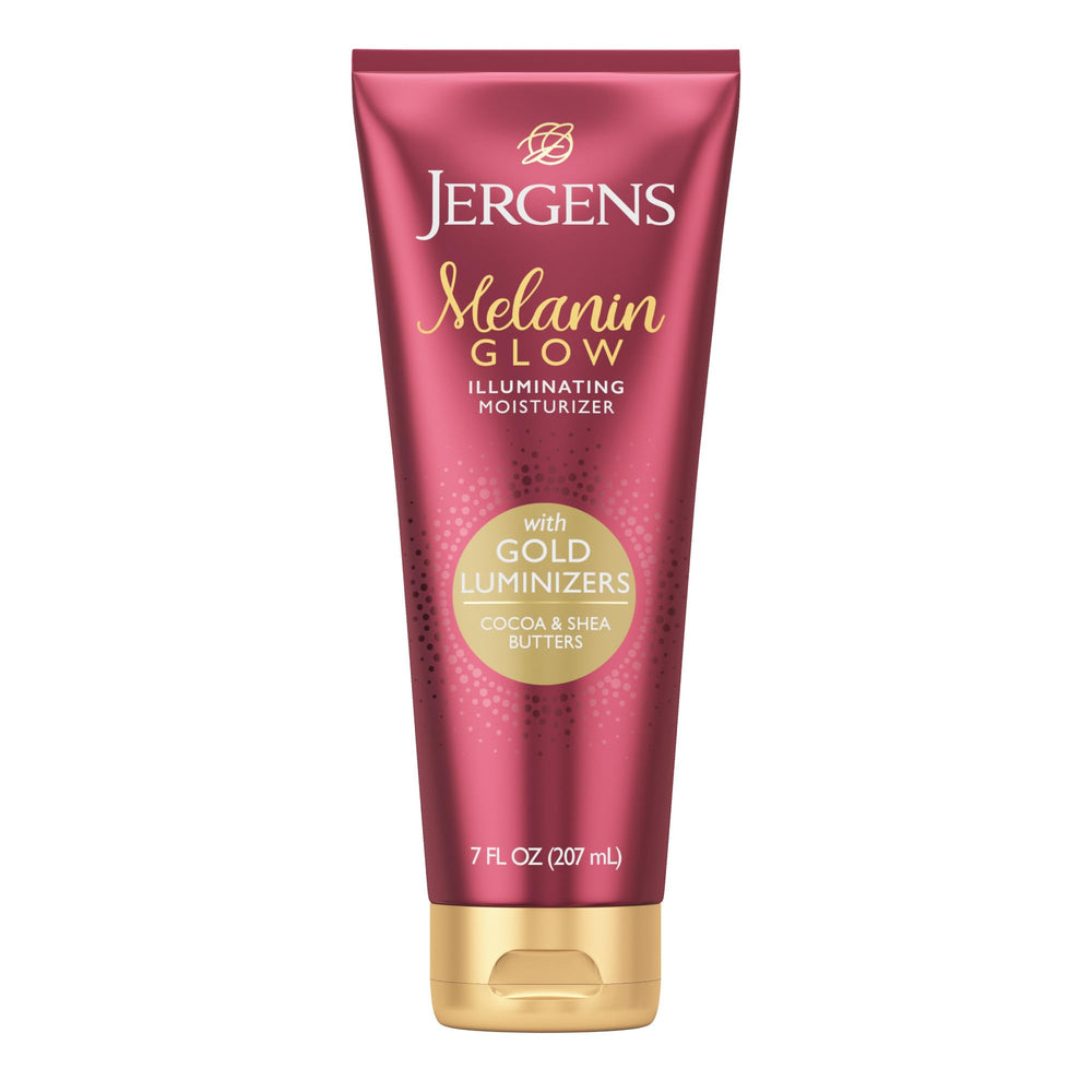 Jergens Melanin Glow con luminizadores dorados para un brillo sutil diario.