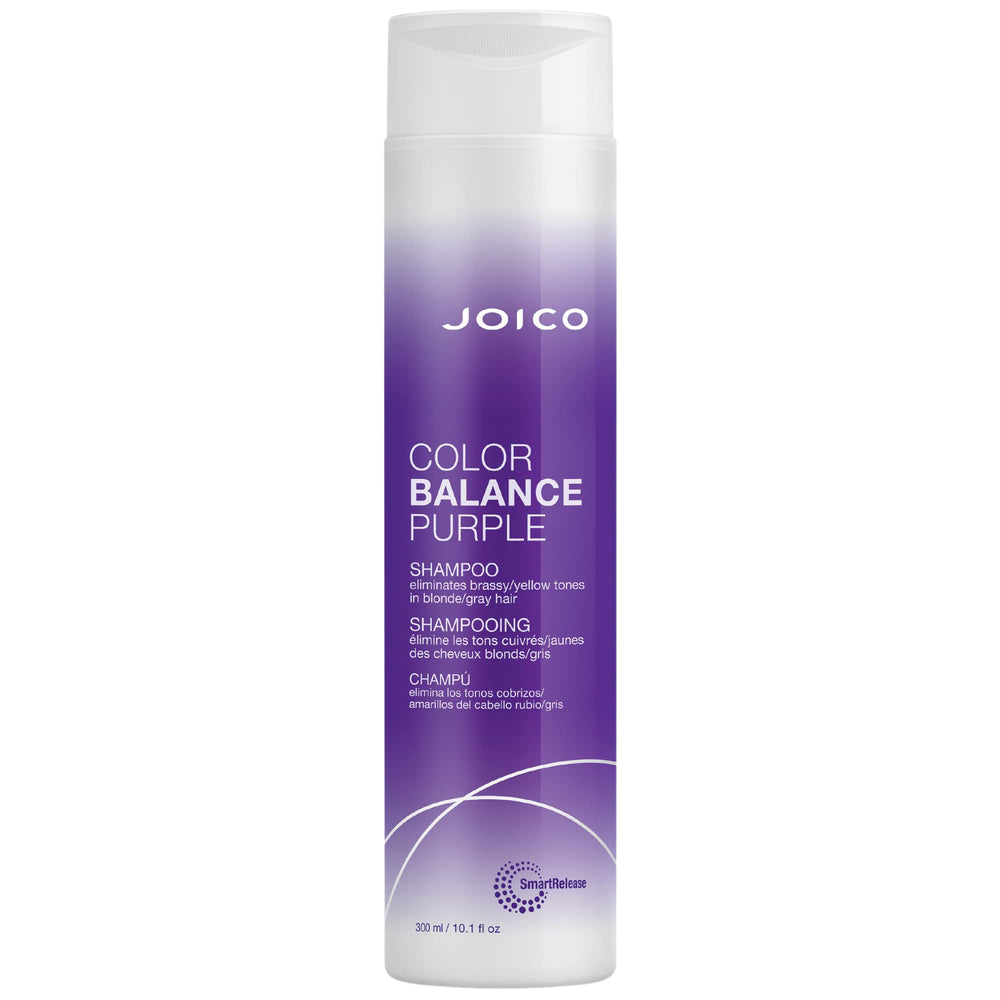 Joico Color Balance Purple Shampoo, botella vertido, neutraliza tonos amarillos con precisión.