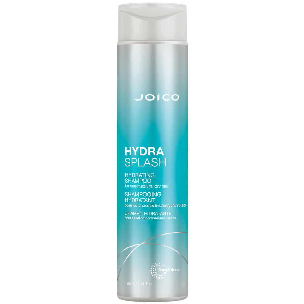 Botella de Joico HydraSplash mostrando hidratación para cabello fino y suave