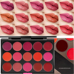 Kaely paleta labiales mate 15 colores abierta, muestra tonos variados para diario.