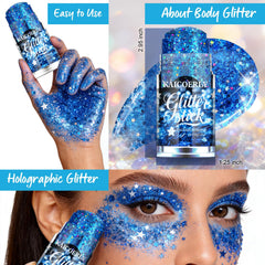 Glitter para cara y cuerpo KAICOERLY en azul, perfecto para maquillaje de escenario.