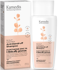 KAMEDIS champú anticaspa, vista frontal de la botella, cuidado suave para cuero cabelludo sensible.