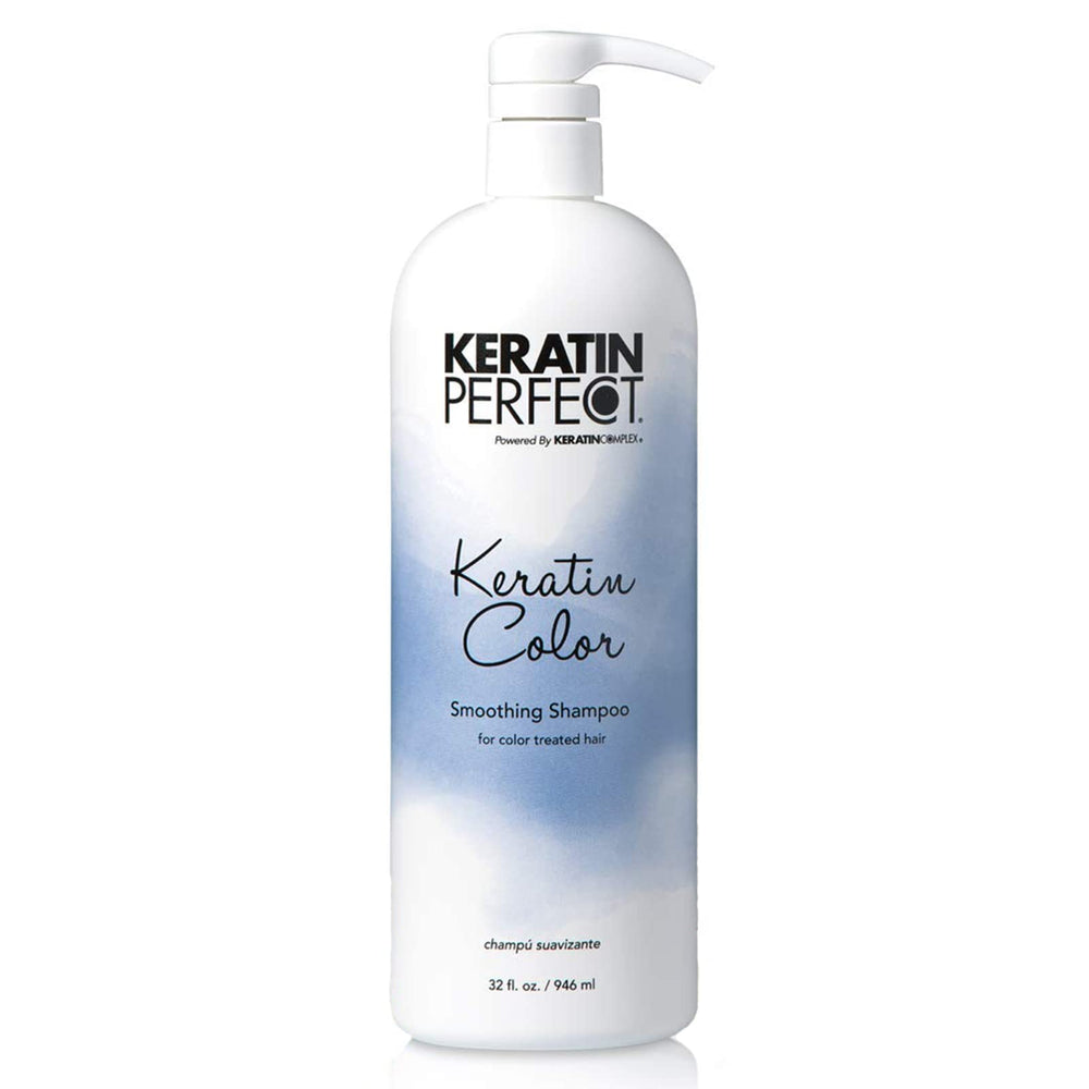 Keratin Perfect champú Color Smoothing, vista frontal de la botella, ayuda a mantener el color más vivo.