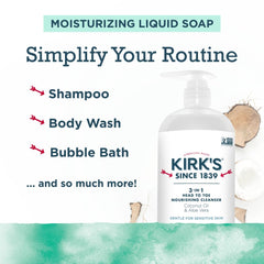 Kirk's 3-en-1 ingredientes coco y aloe para hidratación suave.