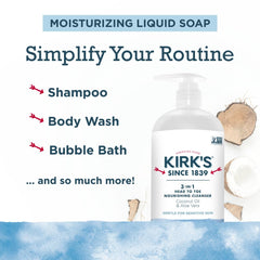 Kirk's 3 en 1 champú suave para cabello y piel con nutrición suave.