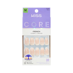 KISS CORE Burble rosa: uñas francesas en almendra para un look natural.