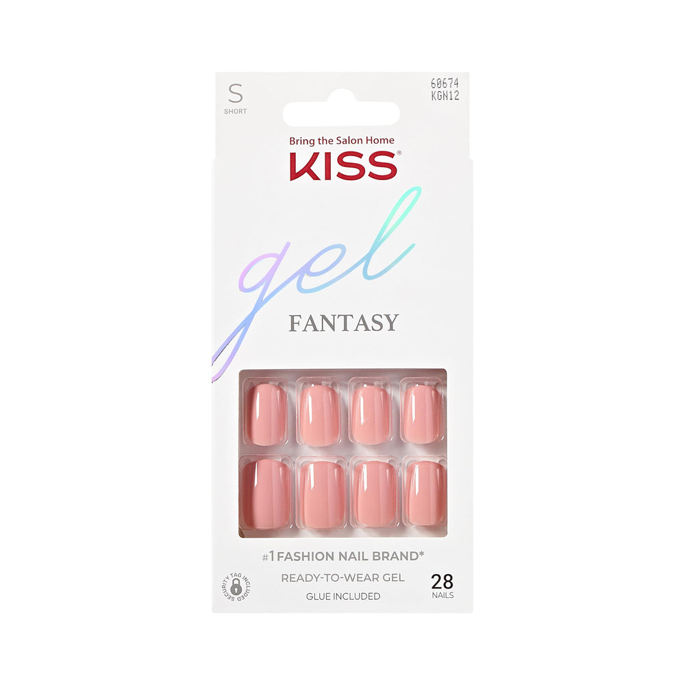 KISS Gel Fantasy uñas rosa cortas squoval con acabado brillante y natural.