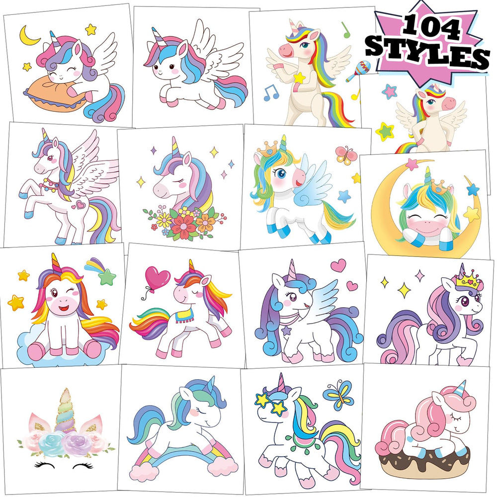 Kopokita tatuajes temporales unicornio, 104 diseños, ideales para fiestas infantiles y alegría instantánea.