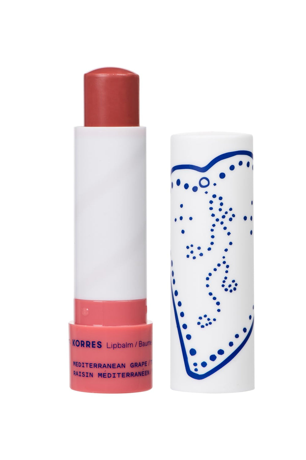 Bálsamo labial KORRES Mediterráneo con color uva para hidratación diaria.