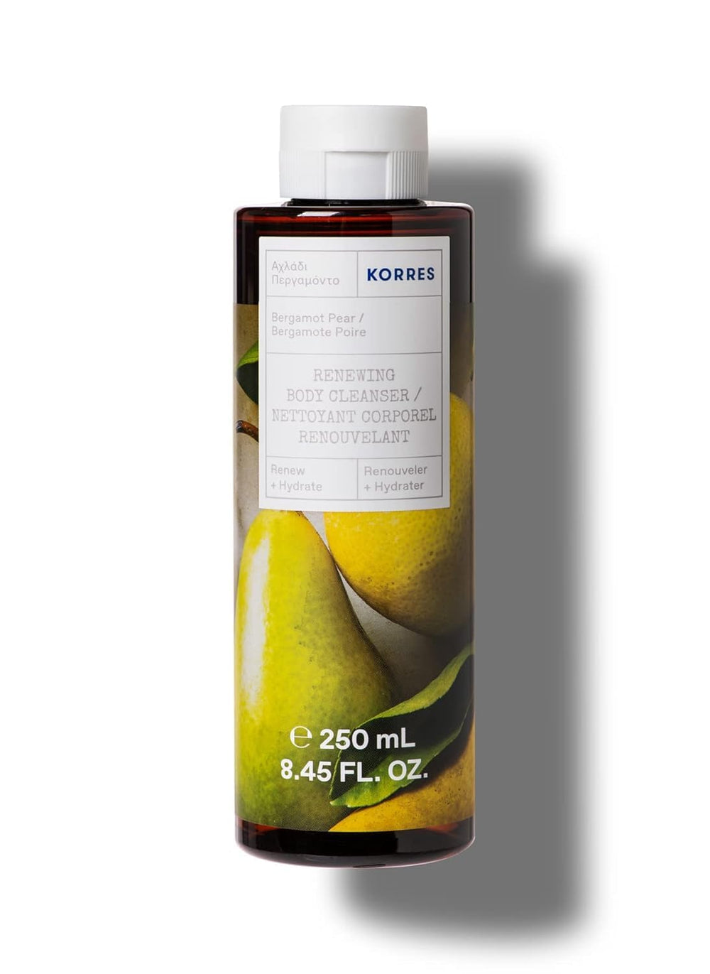 KORRES limpiador corporal renovador bergamota-pera, espuma cremosa para piel suave.