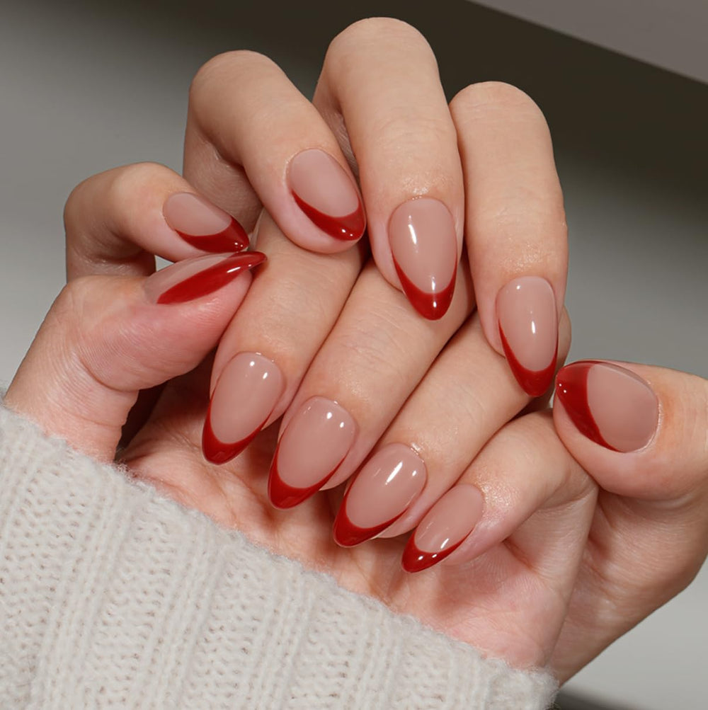 KQueenest Uñas rojas con punta francesa almendra corta, brillo duradero para uso diario.