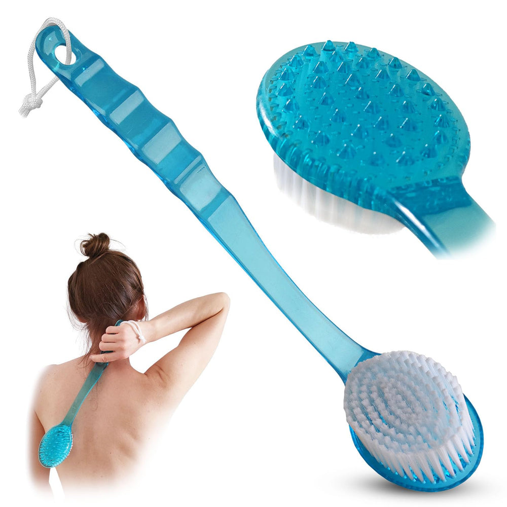 kt deals cepillo cuerpo con mango largo azul, facilita exfoliación suave de espalda.