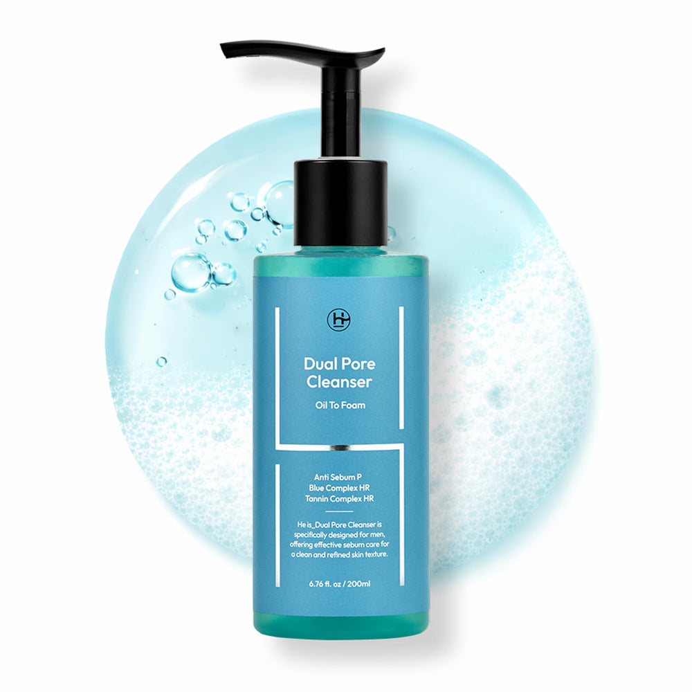 LAB BY He is_ Dual Pore Cleanser: etiqueta frontal y limpieza interna de poros.
