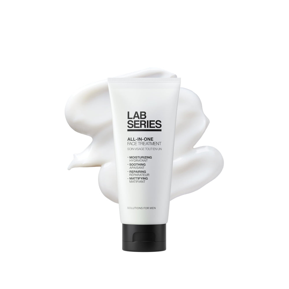 Lab Series Tratamiento Facial Todo-en-Uno, botella; uso diario y piel equilibrada.